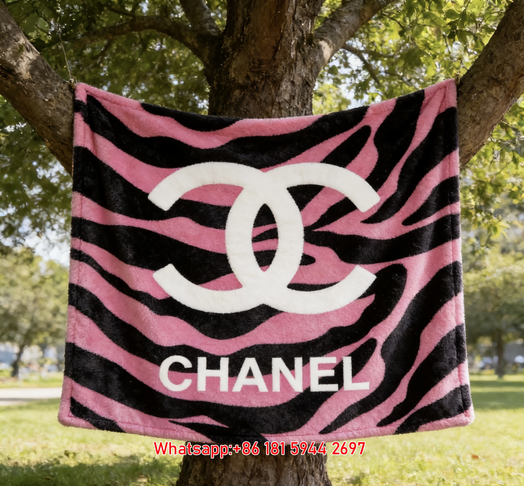 Chanel Neon Pink Zebra Print Flannel Sofa Throw Blanket IMG_6824
